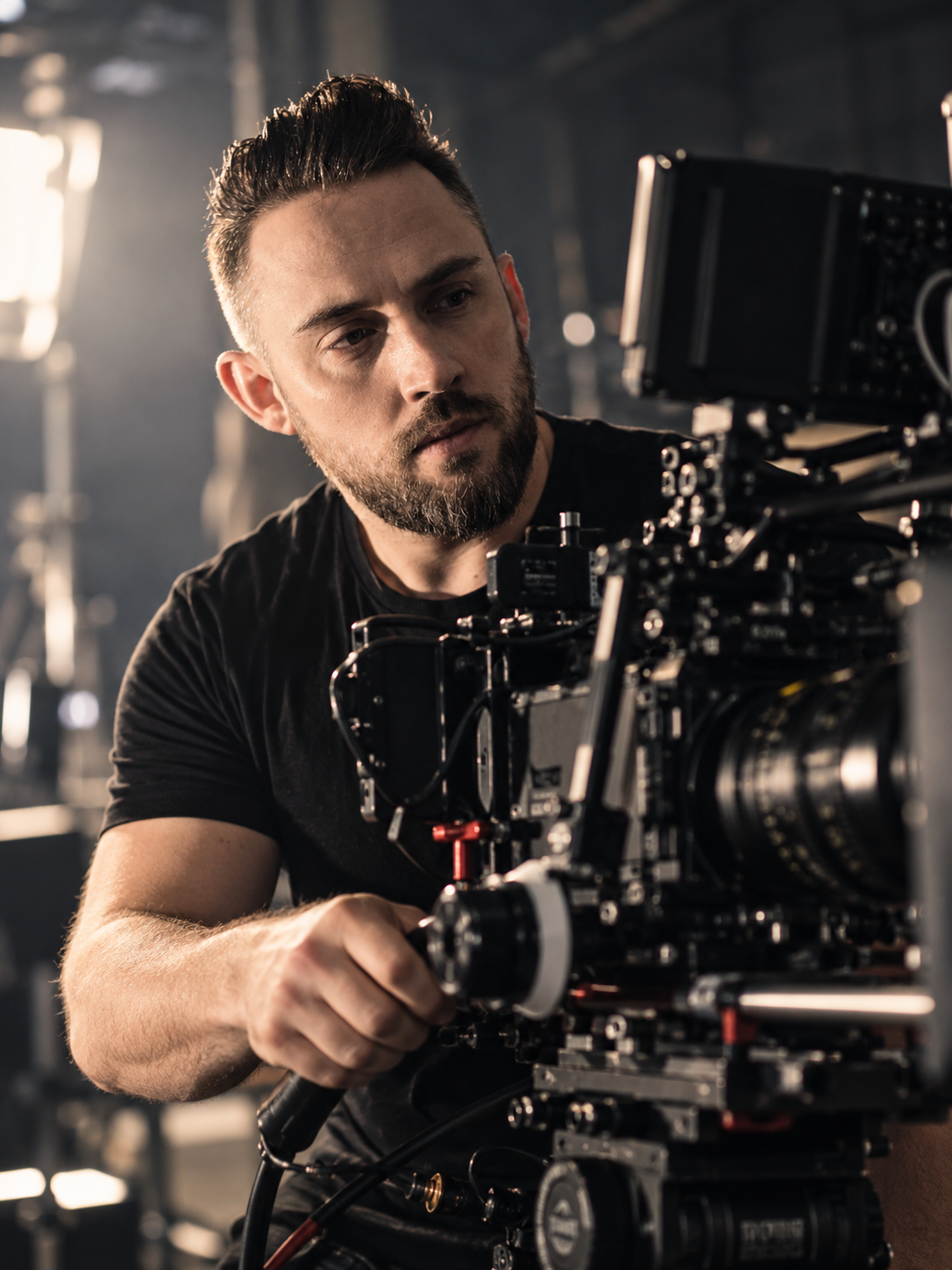 Sebastian Kayser arbeitet an einer professionellen Filmkamera
